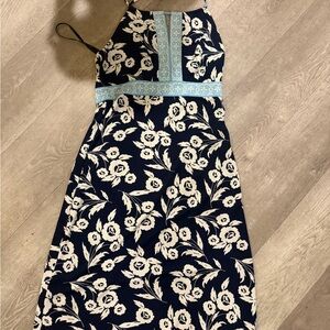 Girls Navy Floral Halter Dress with Light Blue Trim